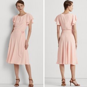 Lauren Ralph Lauren Peach Blush Belted Bubble Crepe Midi Dress Plus 16 Flutter